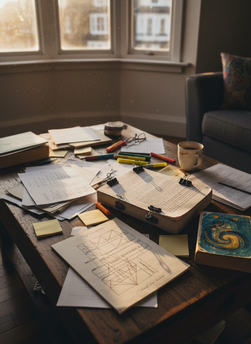 A cluttered coffee table in a Brighton living room, covered with printed short stories, a draft novel manuscript bound with bulldog clips, and a dog‑eared paperback displaying only an abstract cover without text. Sticky notes and coloured highlighters are scattered among the pages, with one notebook open to a hand‑drawn diagram of intersecting character arcs, illegible but clearly structured. Soft, golden hour sunlight enters through a bay window, catching dust motes in the air and highlighting the grain of the wooden table and the slightly frayed edges of the paper. Photographic realism, overhead three‑quarter angle, evoking a warm, reflective, literary atmosphere that complements script and prose work.