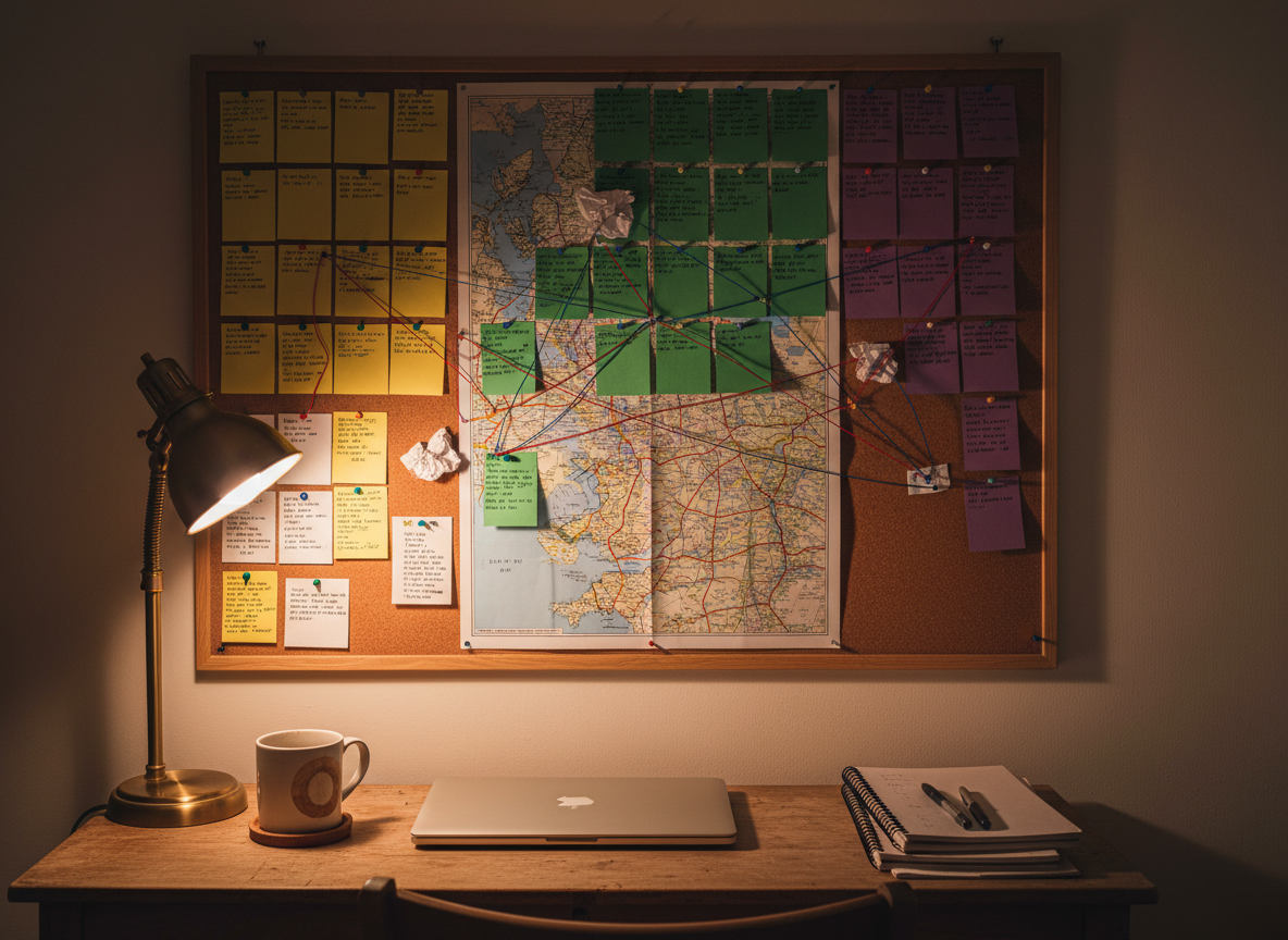 A corkboard in a modest London bedsit, densely covered with colour‑coded index cards, thumb‑tacked pages and a printed map of the UK’s northern towns, all without legible text yet clearly structured into story beats for a drama series. Strands of red and blue thread subtly link certain cards, hinting at character arcs. Below the board, a narrow desk holds a closed laptop, a mug ring on a coaster, and a small stack of well‑used notebooks. Warm tungsten light from a shaded desk lamp casts dramatic side lighting, creating deep, thoughtful shadows. Photographic realism with a slightly elevated angle and rule‑of‑thirds composition, evoking intense planning and character‑driven storytelling.