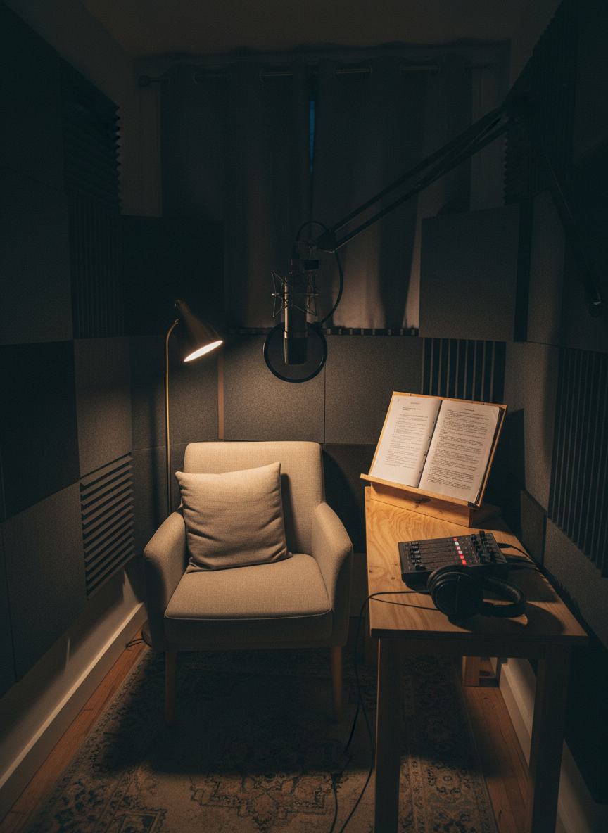 A compact home‑recording corner in a London flat, dedicated to radio plays and voice work, without any people present. A large, suspended studio microphone with a metal pop filter hangs in front of an empty, fabric‑covered chair. Acoustic foam panels line the walls in mismatched shapes, and a script stand holds a sheaf of pages with blurred, unreadable text. A small mixing console and headphones rest on a simple plywood desk, lit by a single warm gooseneck lamp that casts tight, dramatic pools of light and deep shadows. Photographic realism, shot at eye level with a medium depth of field, capturing a focused, professional yet homemade atmosphere.