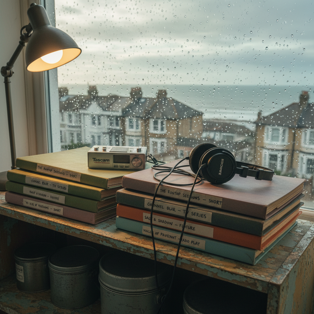 A stack of labelled script folders and film canisters arranged on a low, paint‑scuffed shelf in a small Brighton flat, each folder a different muted colour with visible but unreadable markings suggesting shorts, features, TV and radio projects. A portable audio recorder and a pair of closed, fabric‑padded headphones sit on top of one folder, their cables loosely coiled. Through a rain‑dotted window behind, the outlines of Brighton terraced houses and a distant grey sea are softly blurred. Late afternoon natural light mixes with a single warm desk lamp, creating a cinematic, social‑realist mood in photographic realism, shot from a three‑quarter angle with medium depth of field.